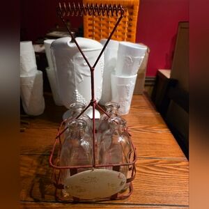 Vintage Glass Milk Bottles with Red Wire Carrier